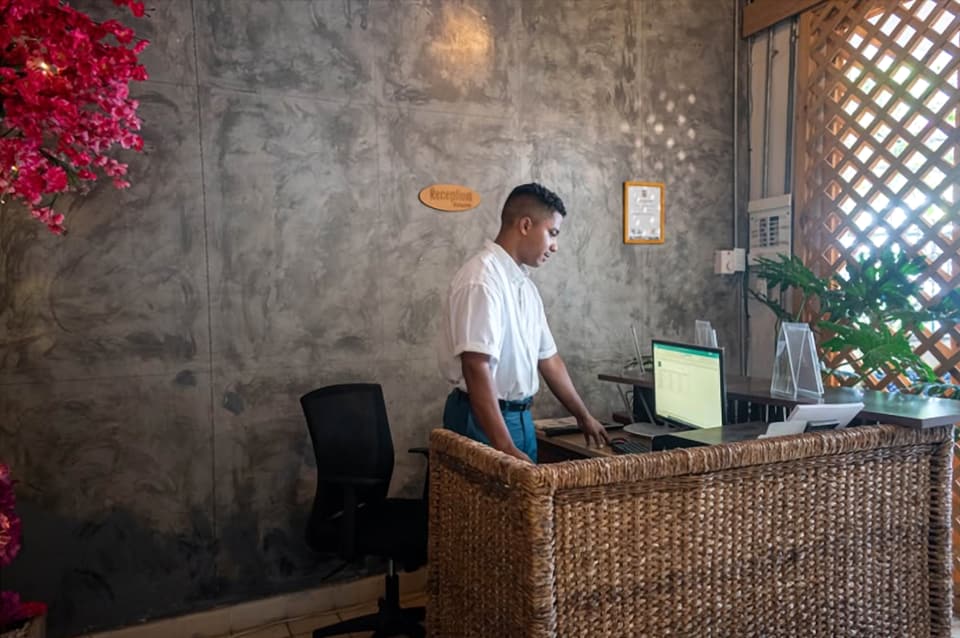 La recepción de Musa: escritorio de fibra tejida, pared de cemento pulido, celosía de madera y buganvilias.